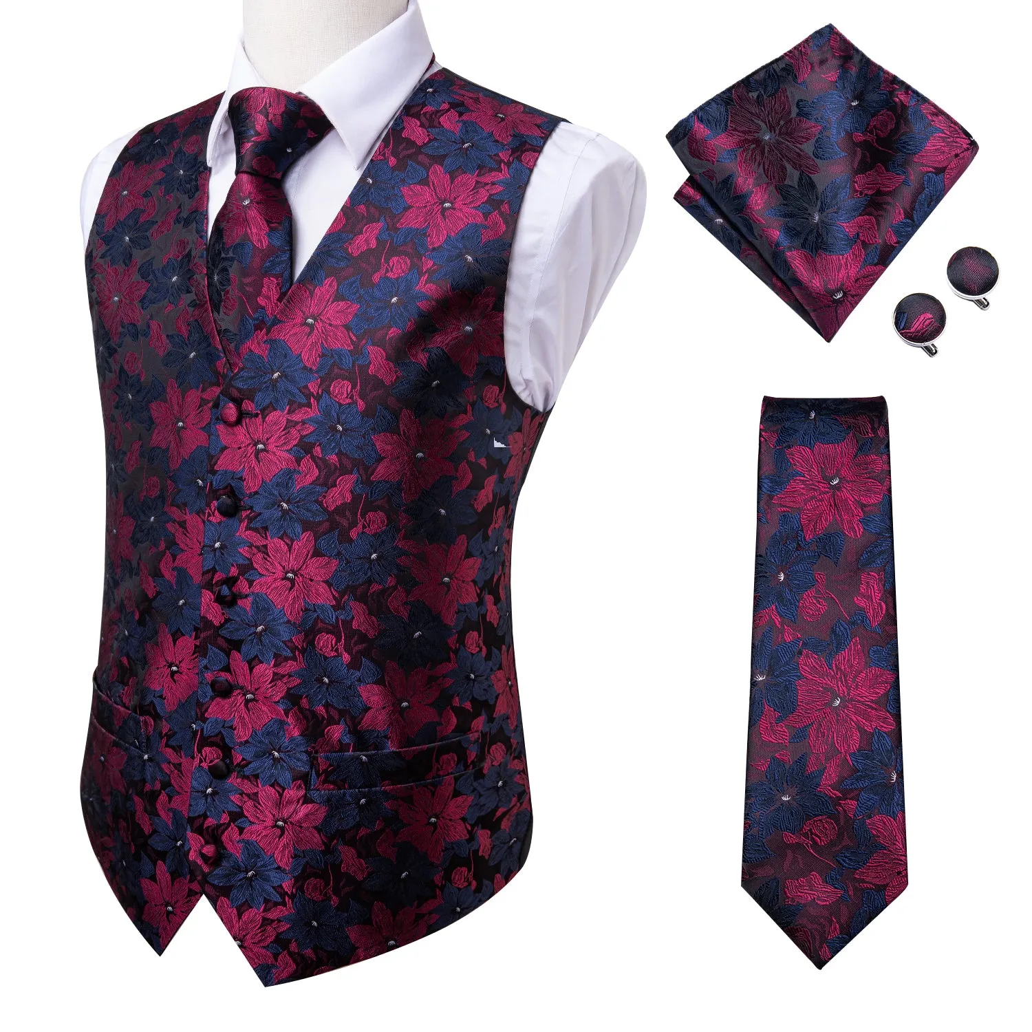 Hi-Tie Black Blue Red Floral Silk Men's Vest Set Waistcoat Suit Set