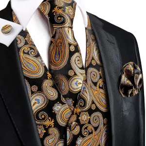 Hi-Tie Black Blue Yellow Paisley Silk Vest Hanky Cufflinks Tie Set