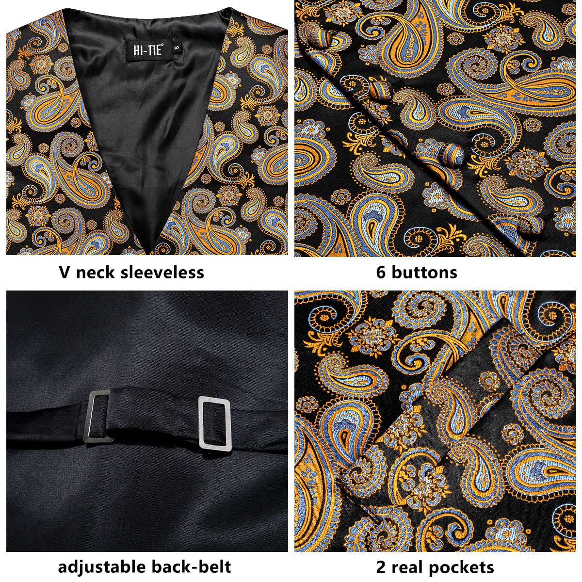 Hi-Tie Black Blue Yellow Paisley Silk Vest Hanky Cufflinks Tie Set