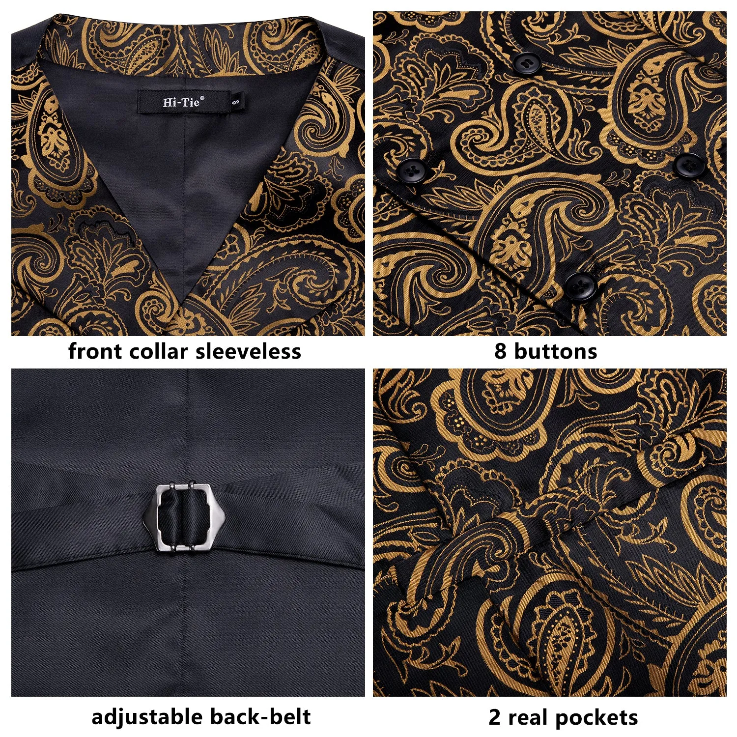 Hi-Tie Black Brown Paisley Silk Men's Vest Hanky Cufflinks Tie Set