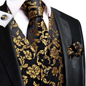 Hi-Tie Black Golden Floral Silk Men's Vest Tie Set Waistcoat Suit Set