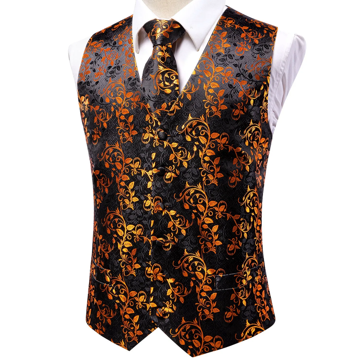 Hi-Tie Black Golden Leaves Silk Men's Vest Hanky Cufflinks Tie Set Waistcoat Suit Set