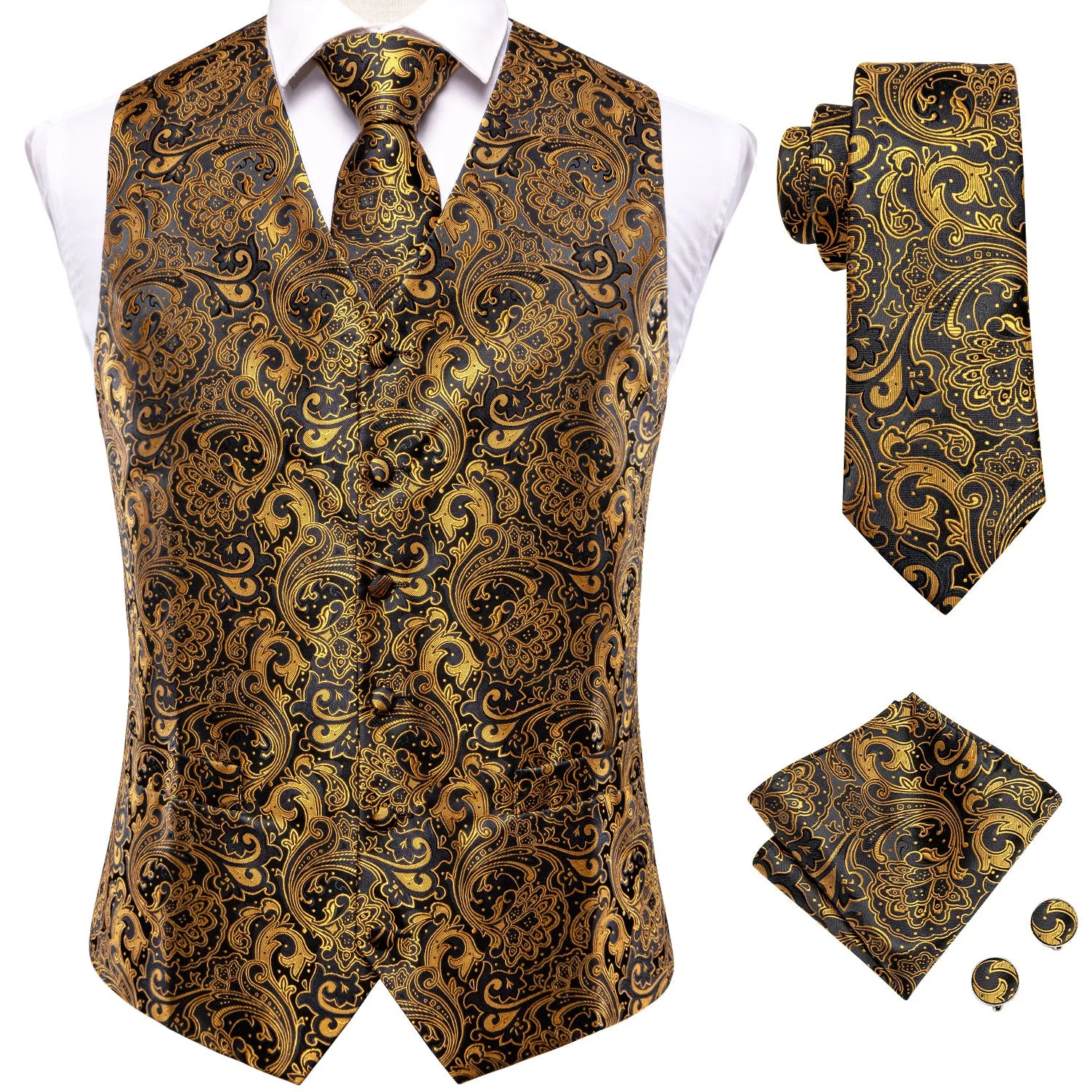 Hi-Tie Classic Black Gloden Paisley Silk Men's Vest Hanky Cufflinks Tie Set Waistcoat Suit Set