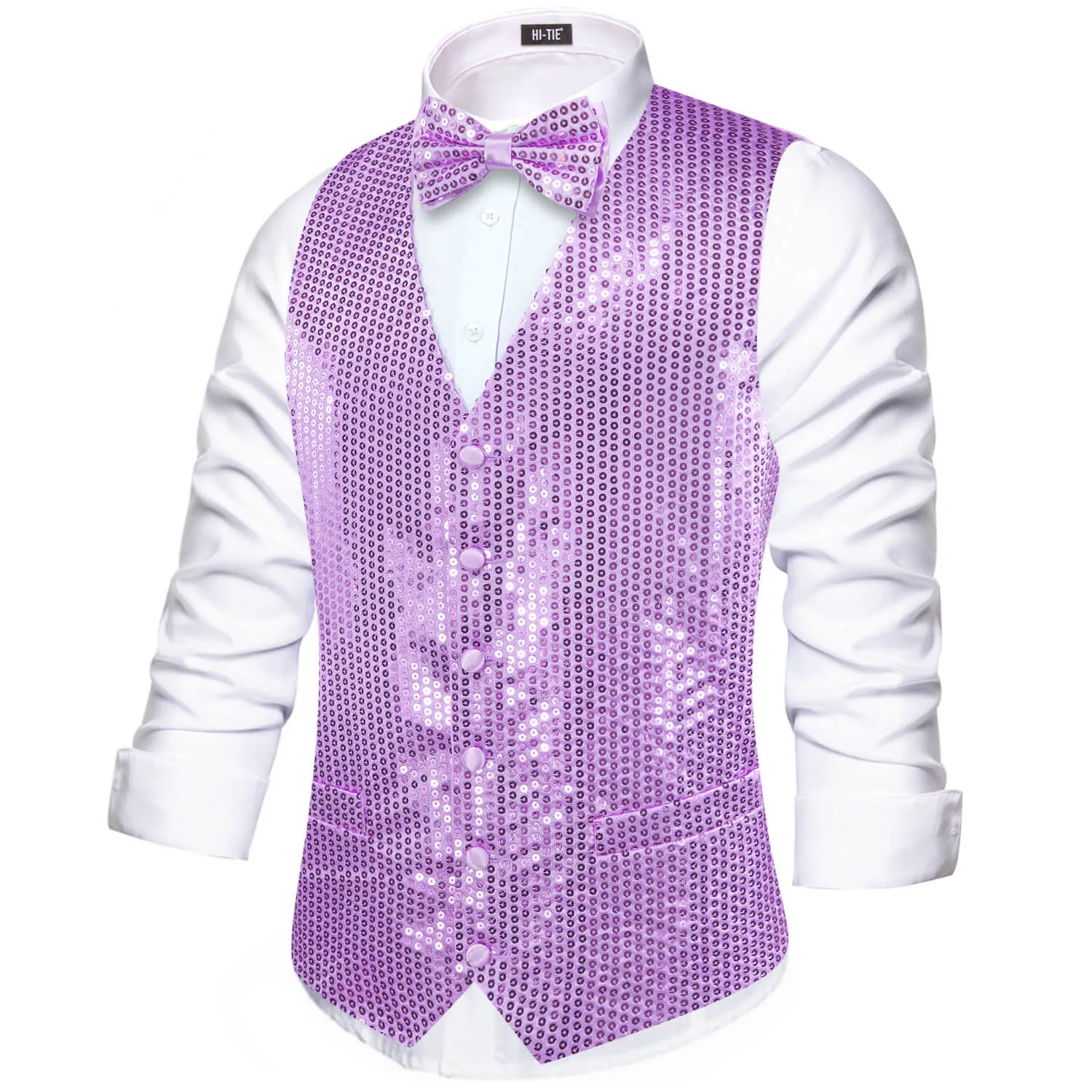 Hi-Tie Mens Sequin Vest Plum Purple Bowtie Waistcoat Set