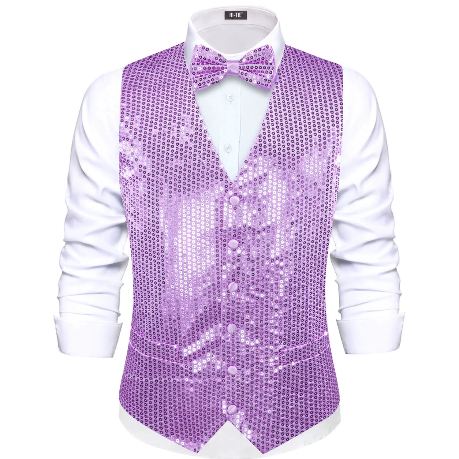 Hi-Tie Mens Sequin Vest Plum Purple Bowtie Waistcoat Set