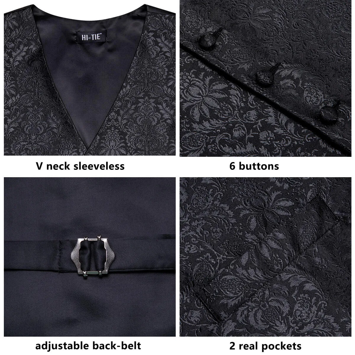 Hi-Tie Waistcoat Black Jacquard Floral Mens Vest and Tie Set