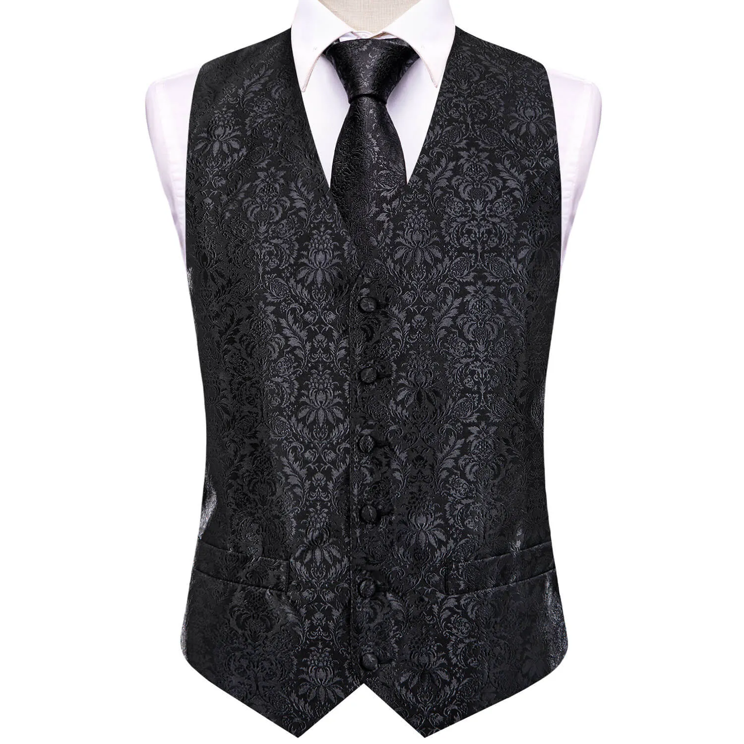 Hi-Tie Waistcoat Black Jacquard Floral Mens Vest and Tie Set