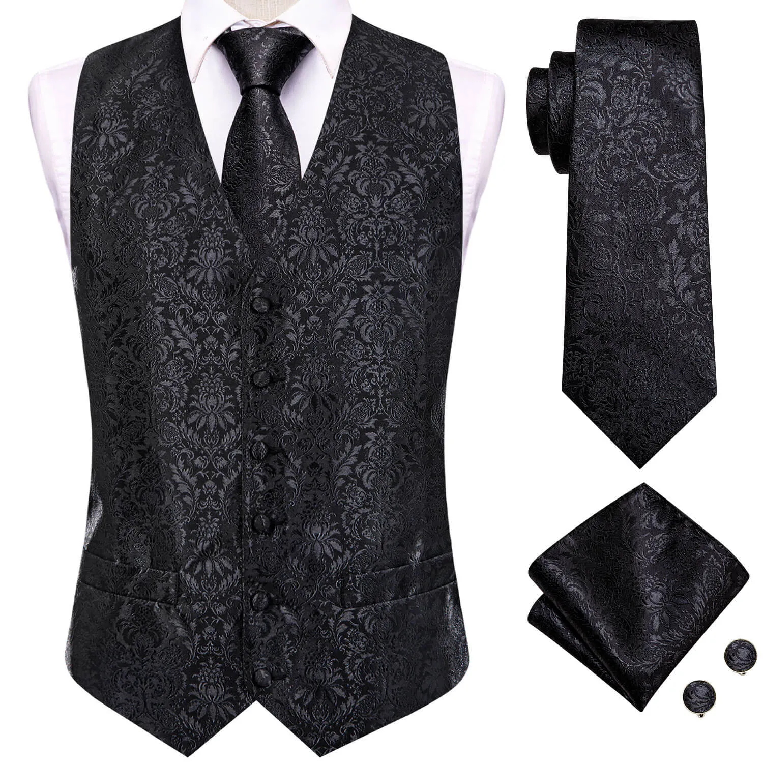 Hi-Tie Waistcoat Black Jacquard Floral Mens Vest and Tie Set