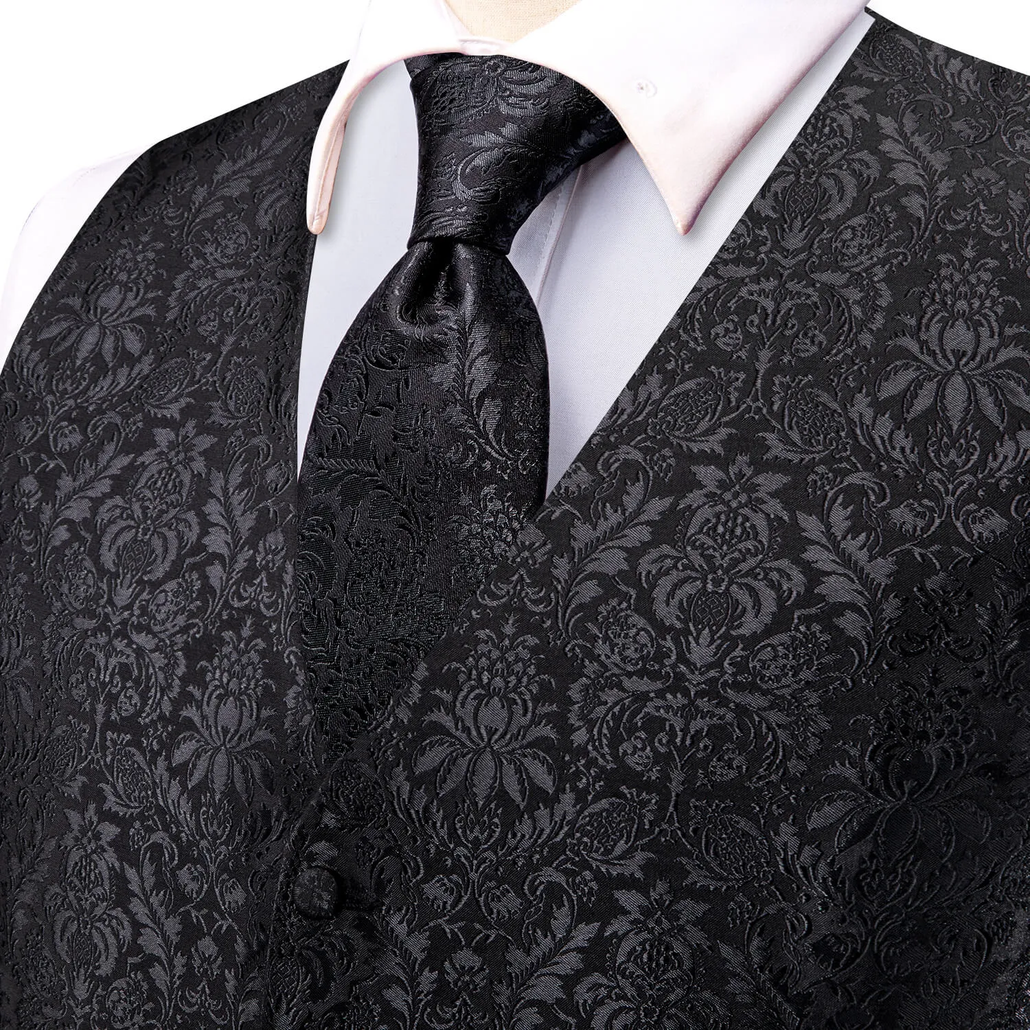 Hi-Tie Waistcoat Black Jacquard Floral Mens Vest and Tie Set