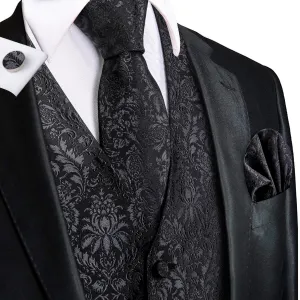 Hi-Tie Waistcoat Black Jacquard Floral Mens Vest and Tie Set