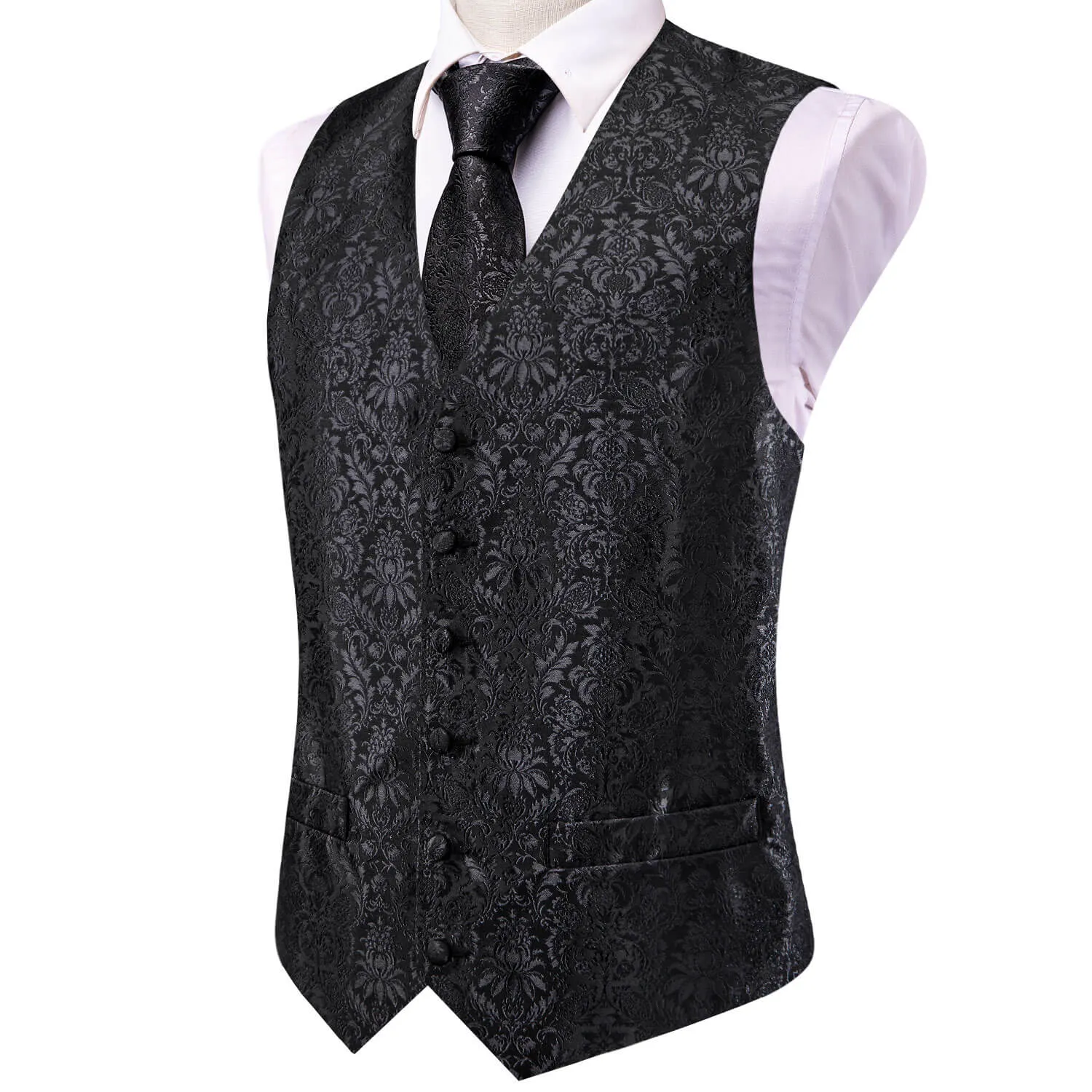 Hi-Tie Waistcoat Black Jacquard Floral Mens Vest and Tie Set