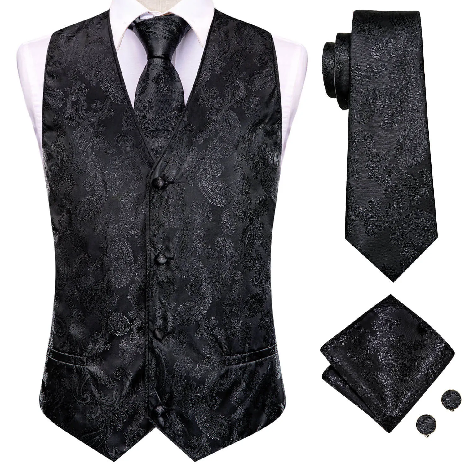 Hi-Tie Waistcoat Black Jacquard Paisley Mens Vest and Tie Set