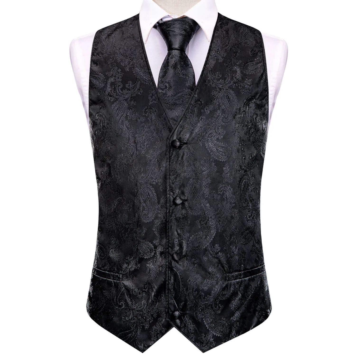 Hi-Tie Waistcoat Black Jacquard Paisley Mens Vest and Tie Set