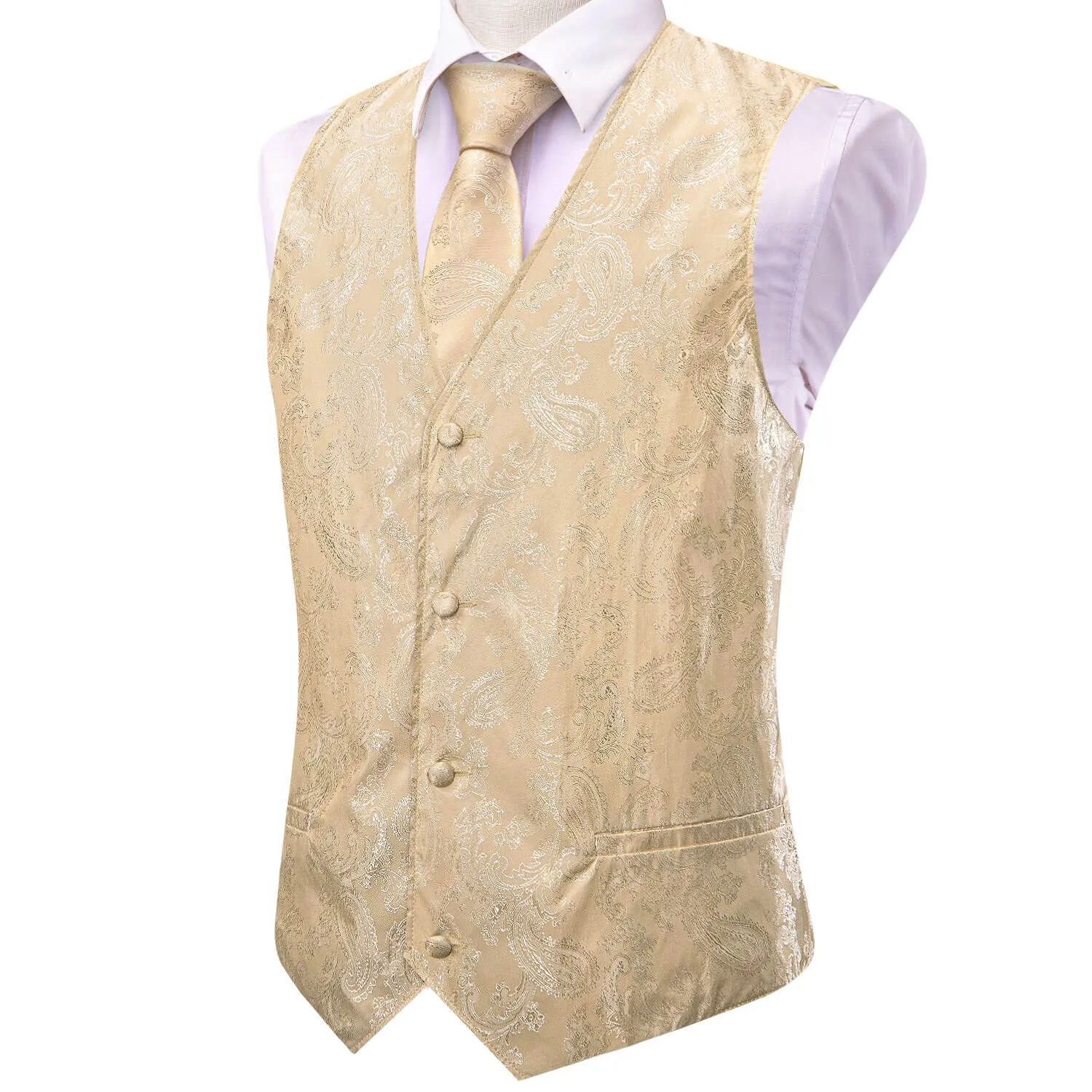 Hi-Tie Waistcoat Champagne Jacquard Paisley Mens Vest and Tie Set