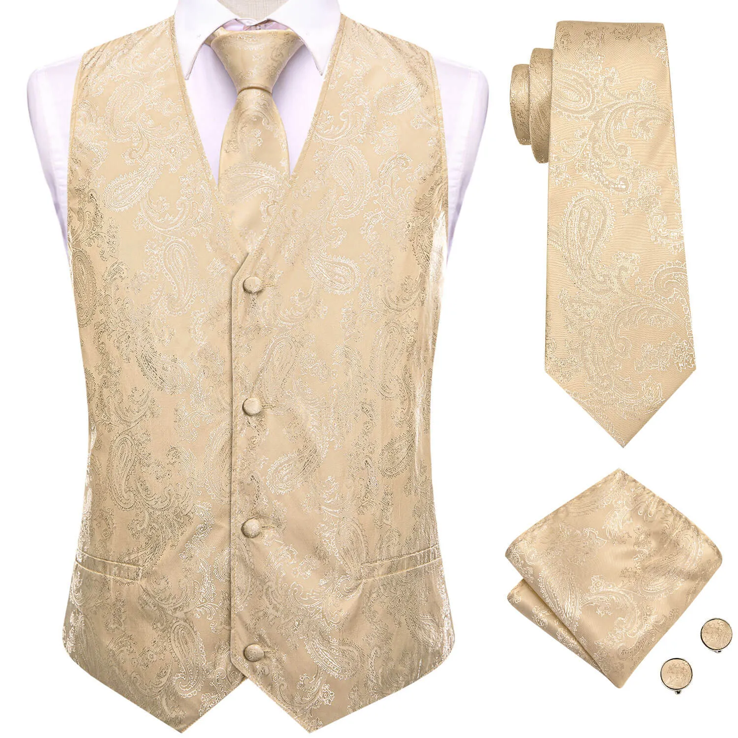 Hi-Tie Waistcoat Champagne Jacquard Paisley Mens Vest and Tie Set