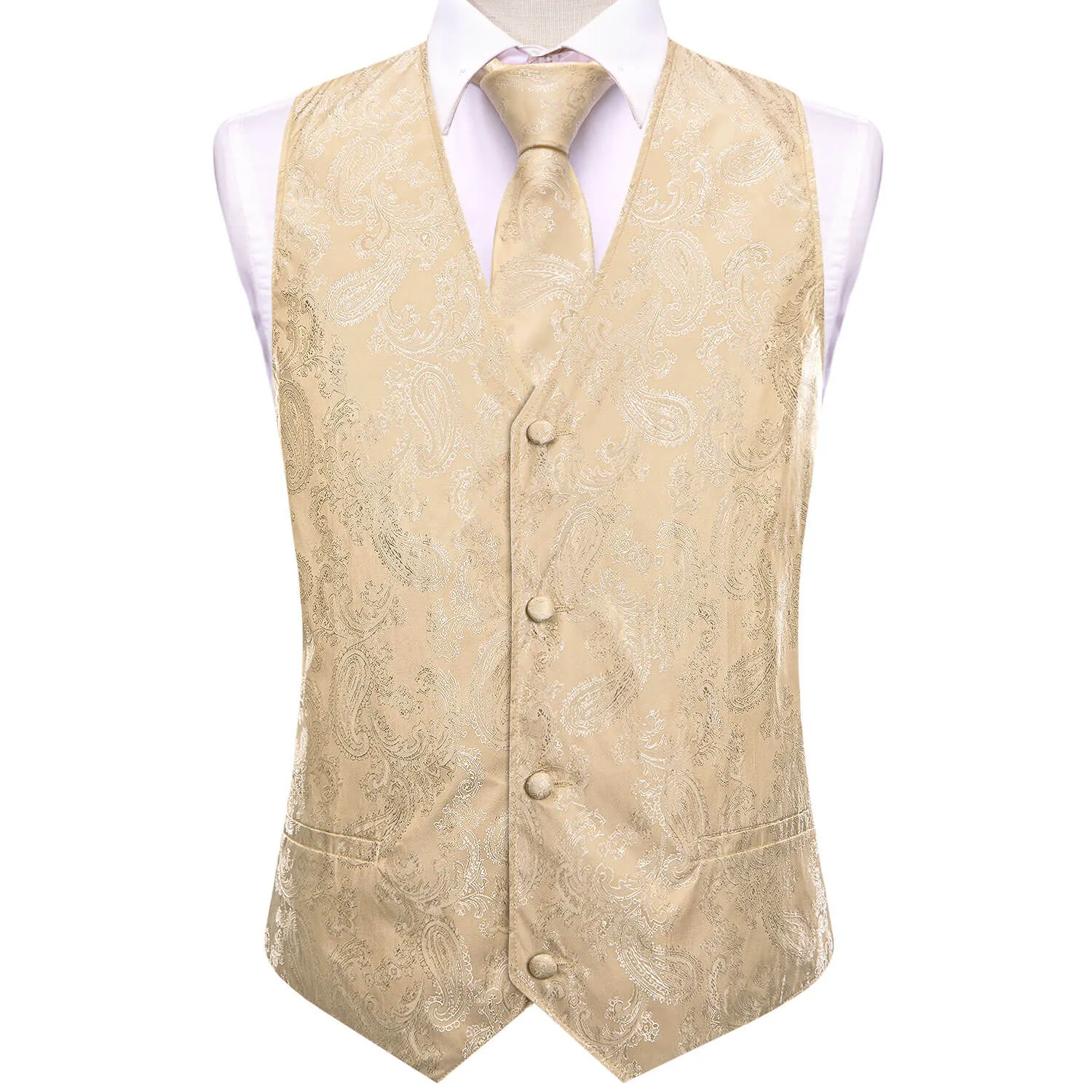 Hi-Tie Waistcoat Champagne Jacquard Paisley Mens Vest and Tie Set