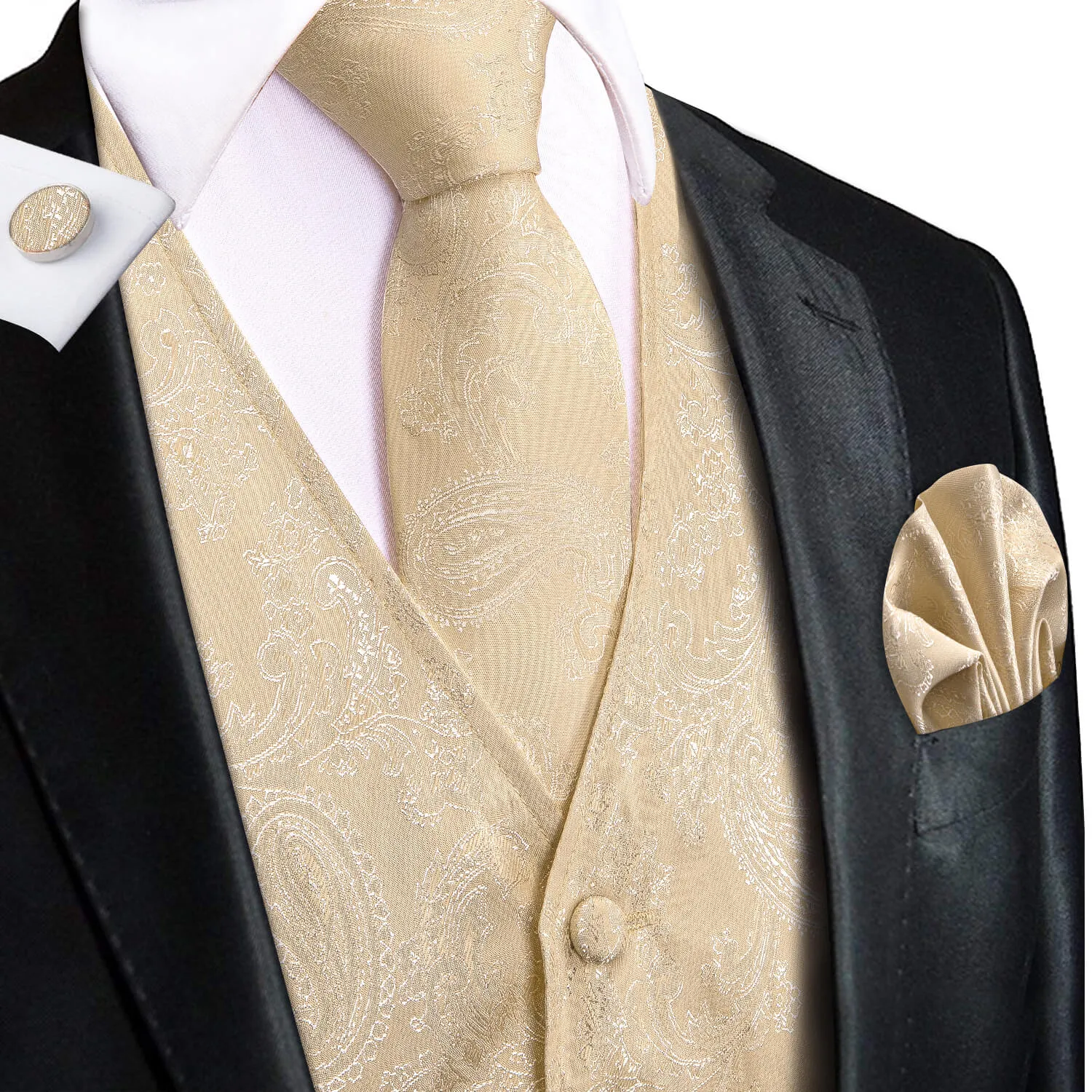 Hi-Tie Waistcoat Champagne Jacquard Paisley Mens Vest and Tie Set