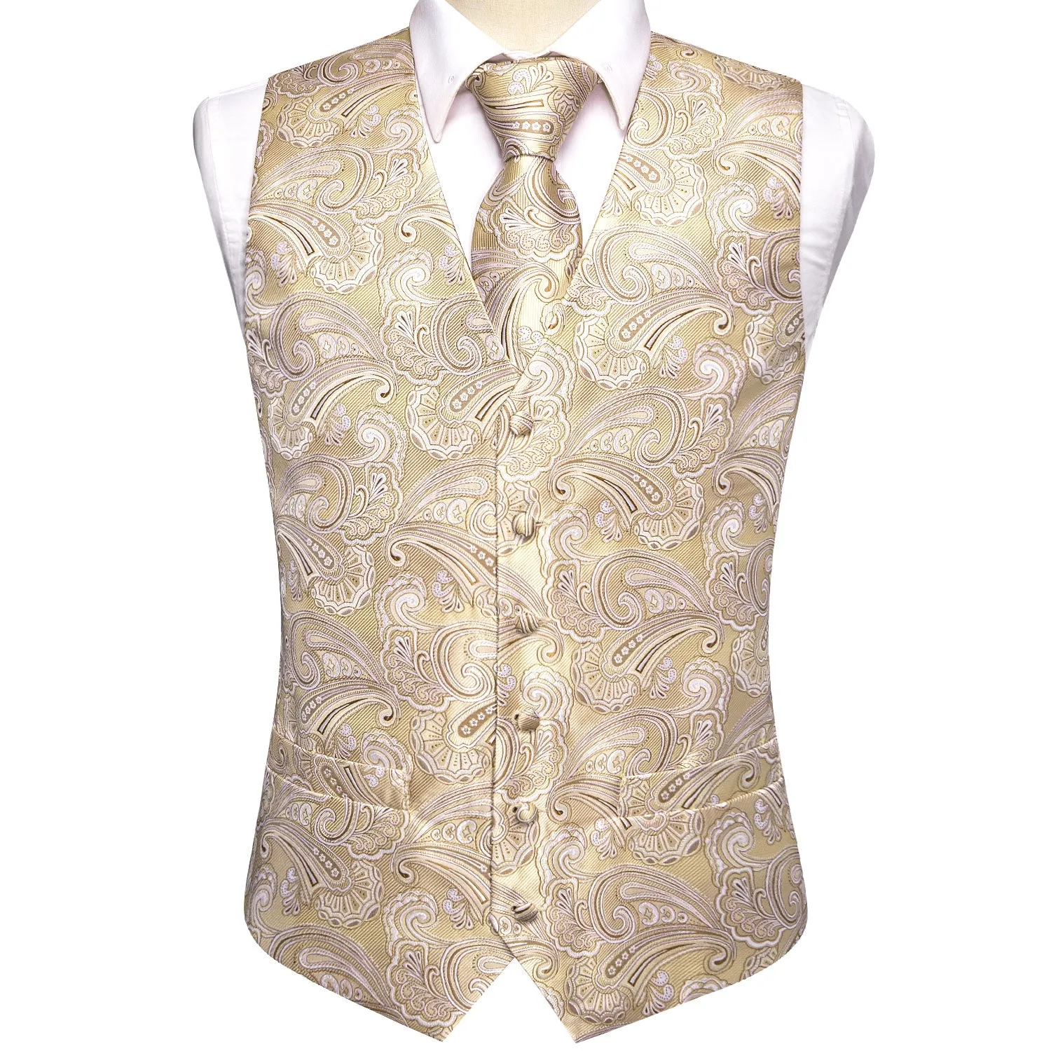 Hi-Tie Wheat Paisley Silk Men's Vest Hanky Cufflinks Tie Set Waistcoat Suit Set