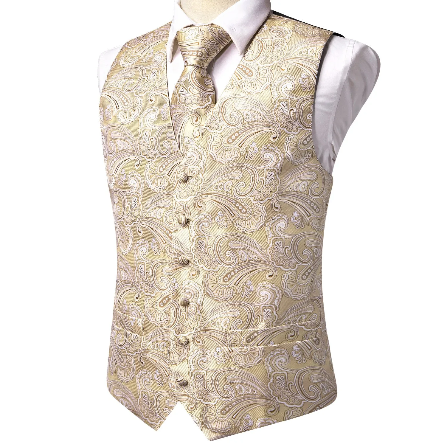 Hi-Tie Wheat Paisley Silk Men's Vest Hanky Cufflinks Tie Set Waistcoat Suit Set