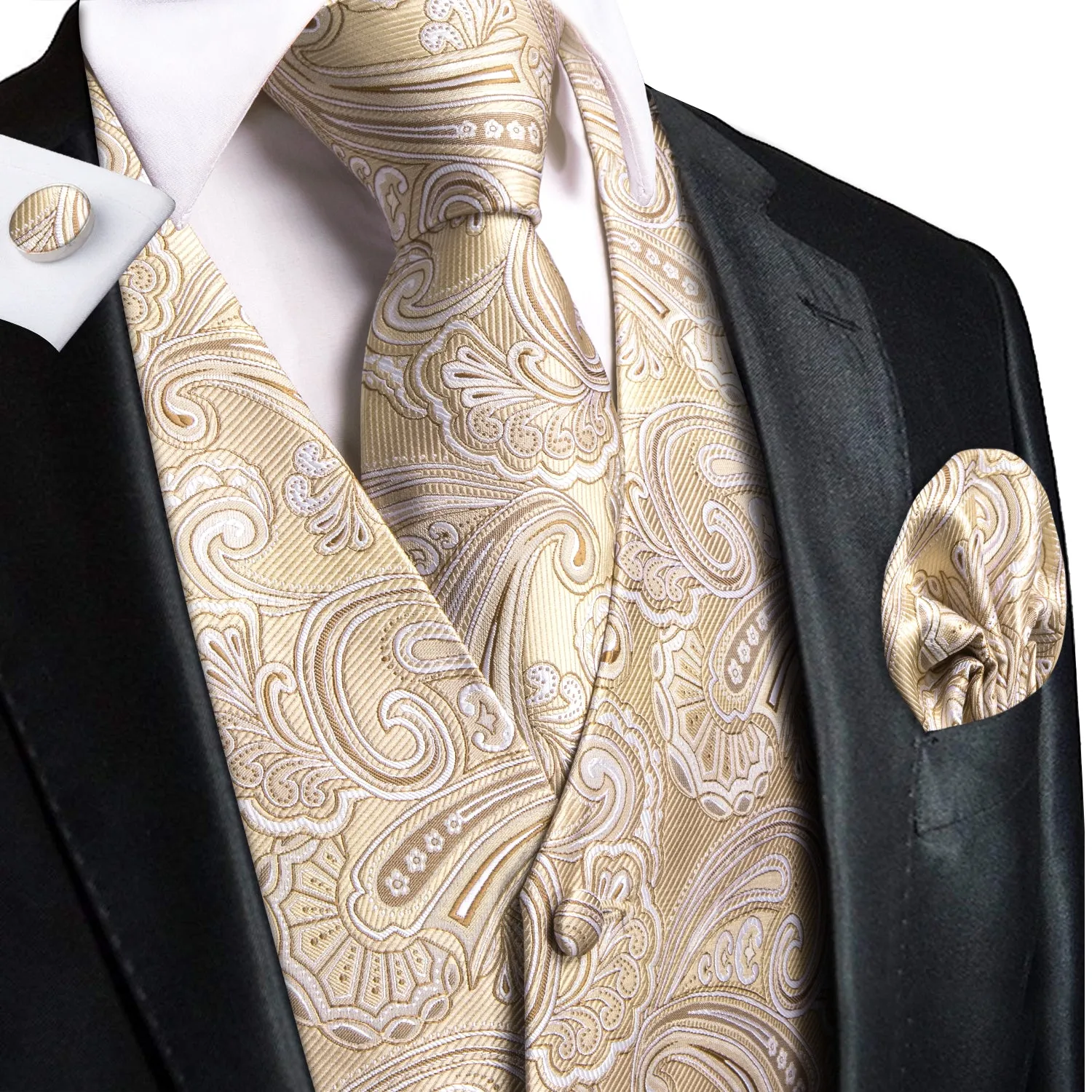 Hi-Tie Wheat Paisley Silk Men's Vest Hanky Cufflinks Tie Set Waistcoat Suit Set