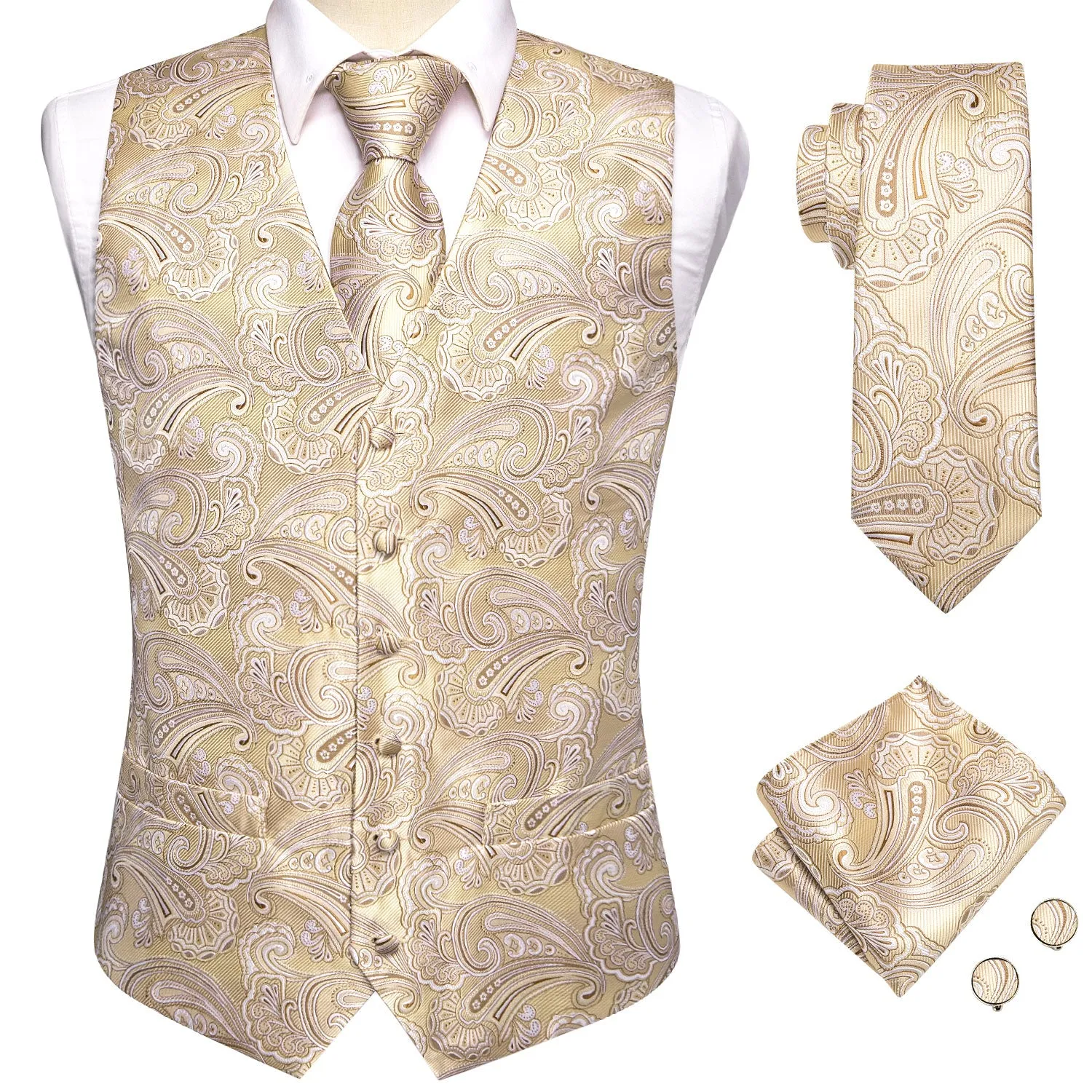 Hi-Tie Wheat Paisley Silk Men's Vest Hanky Cufflinks Tie Set Waistcoat Suit Set