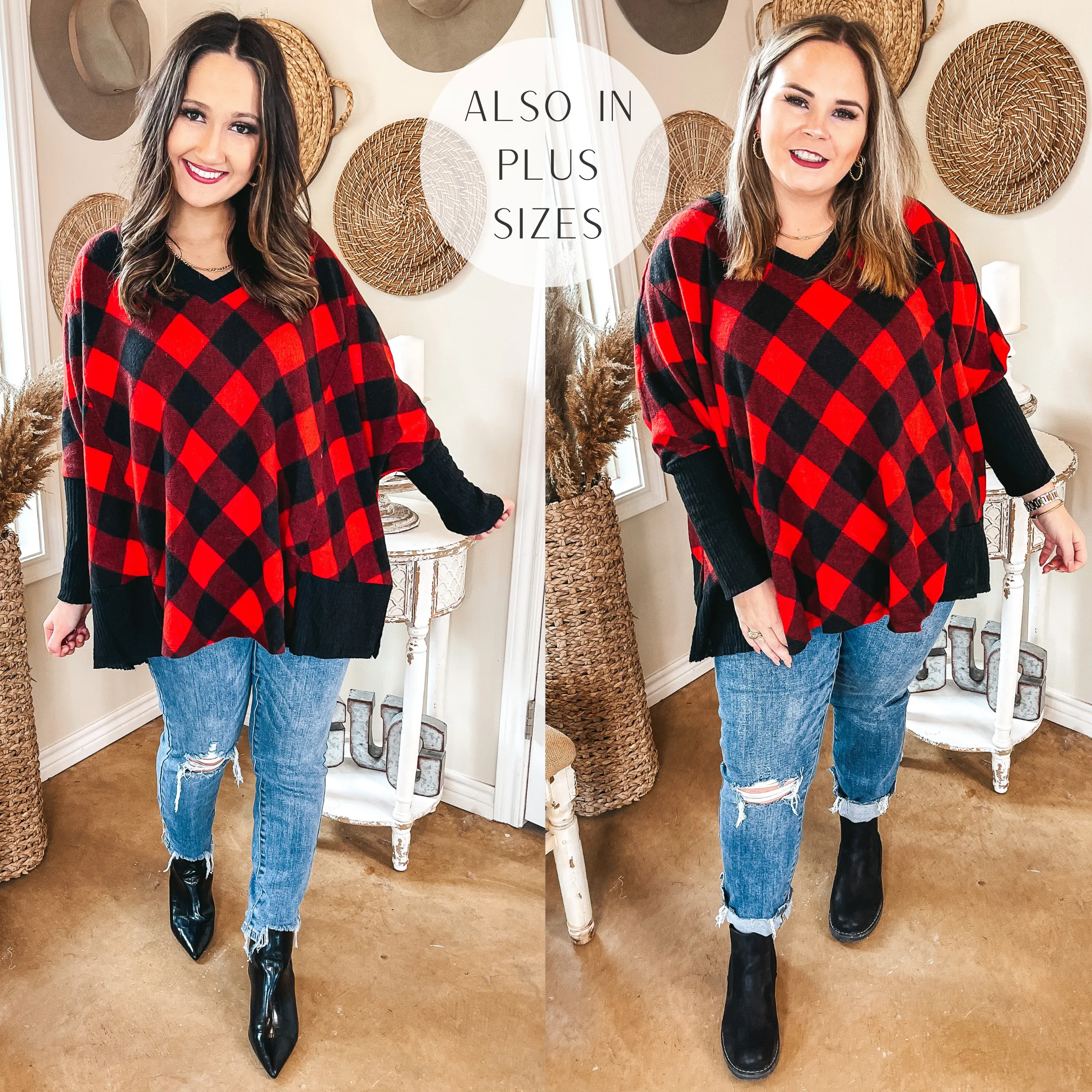 Just Joyful Buffalo Plaid Long Sleeve Shift Top in Red and Black