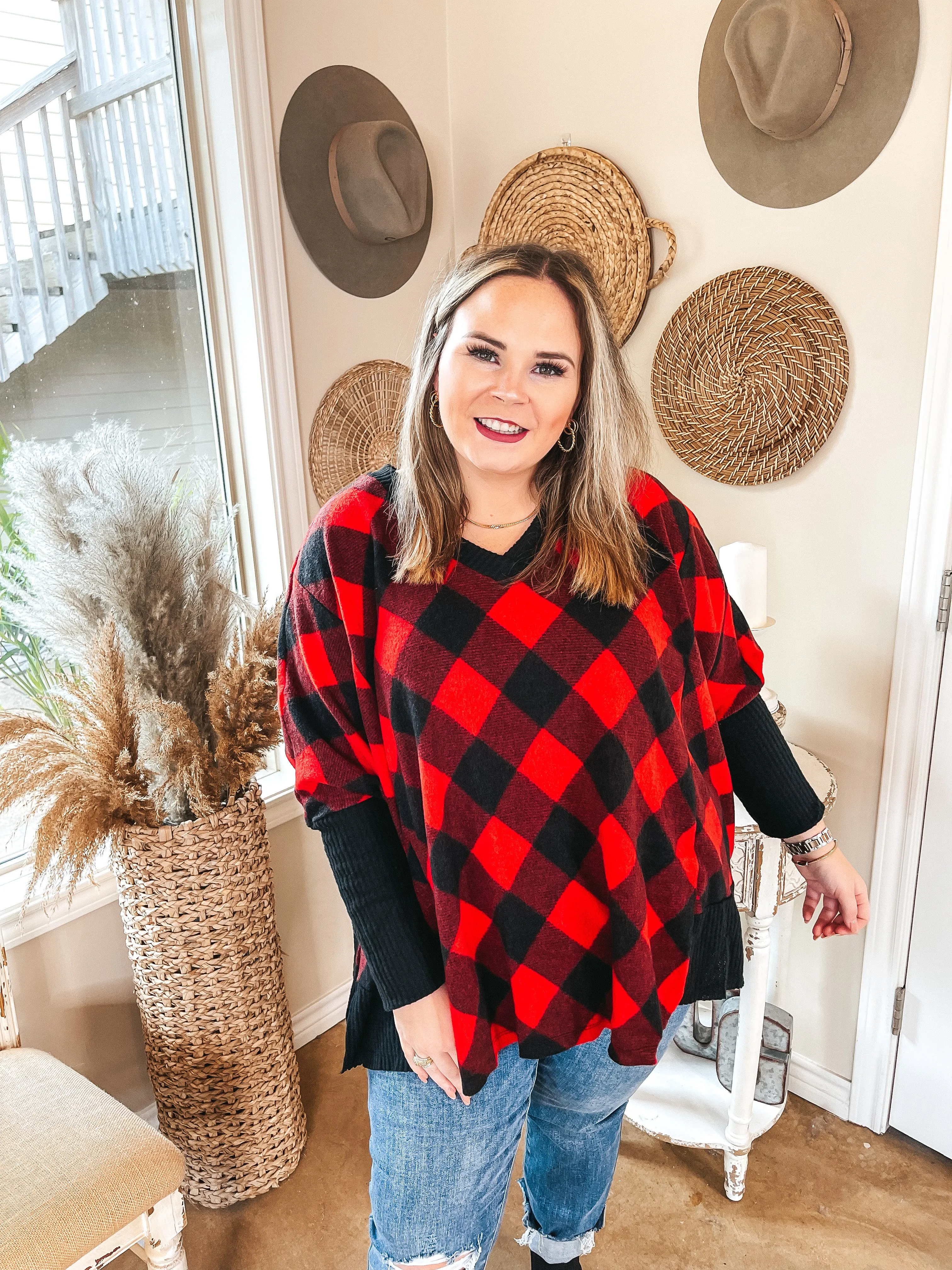 Just Joyful Buffalo Plaid Long Sleeve Shift Top in Red and Black