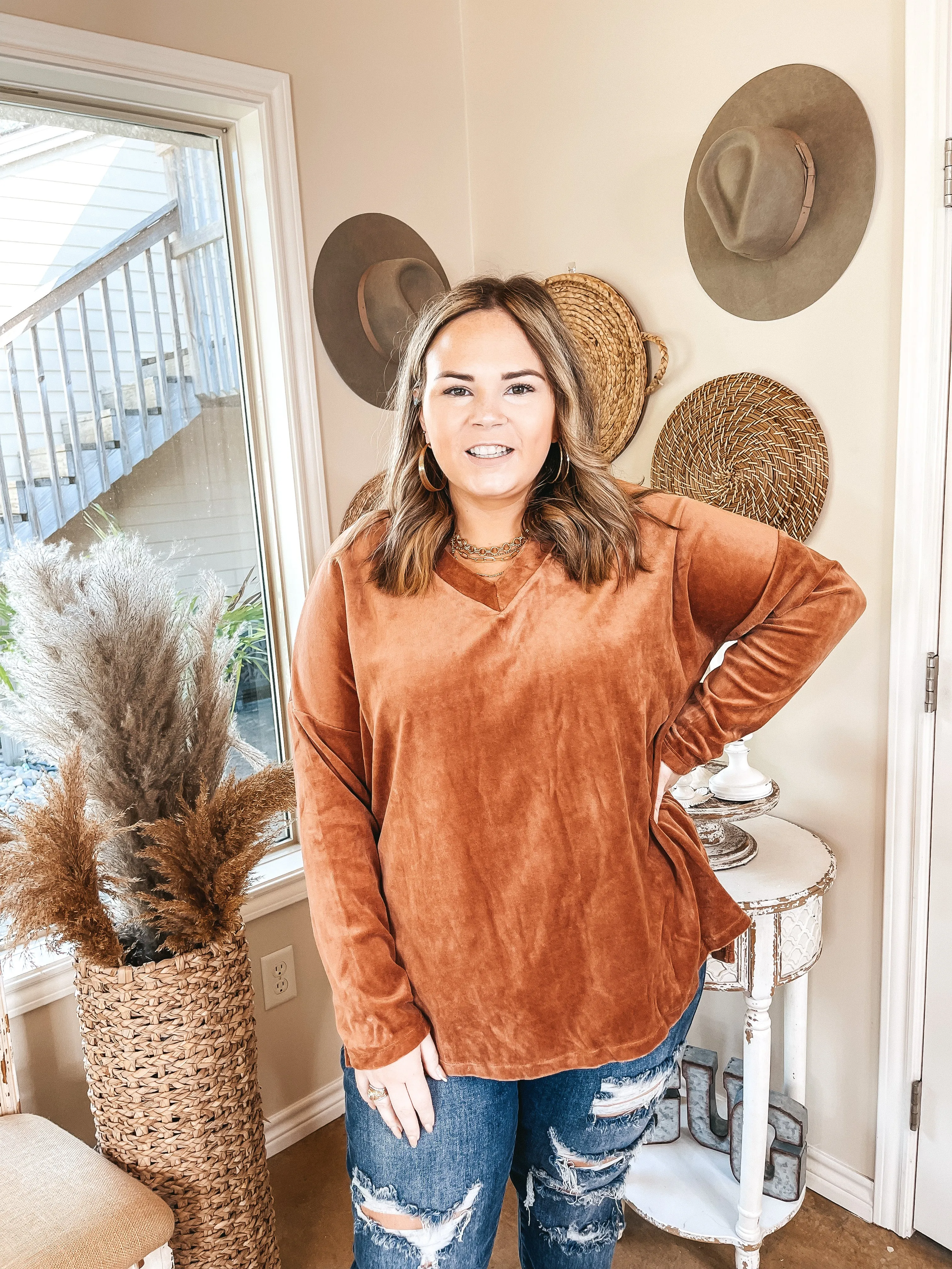 Last Chance Size Medium | Just What I Need V Neck Long Sleeve Velvet Top in Rust Brown