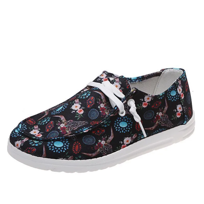 Loafers Women Sunflower Print Flats Casual Canvas Shoes Non-lace Lazy Shoes