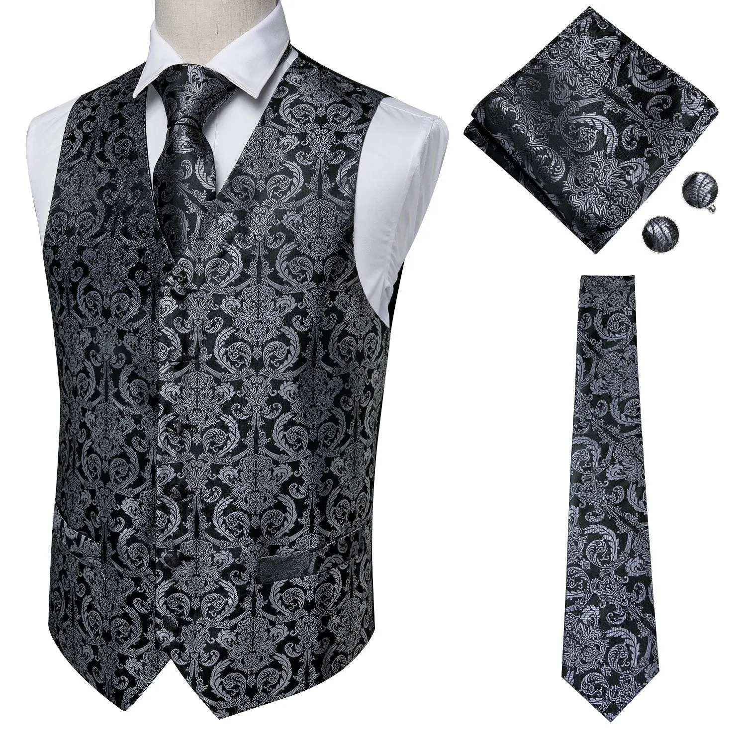 Luxury Black Grey Paisley Vest Tie Set