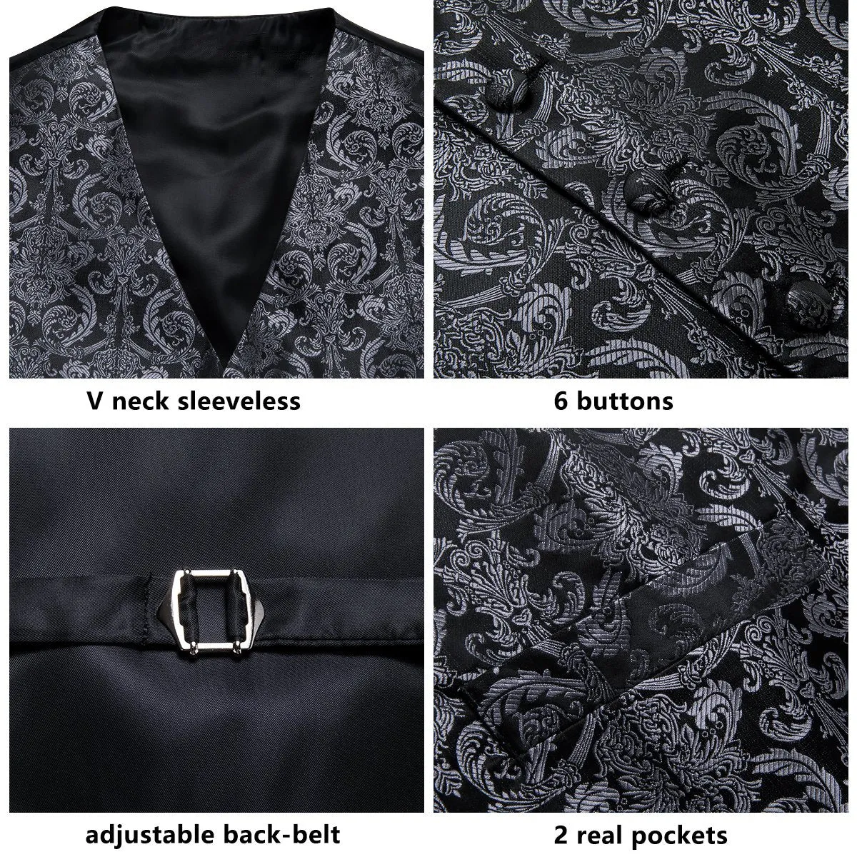 Luxury Black Grey Paisley Vest Tie Set