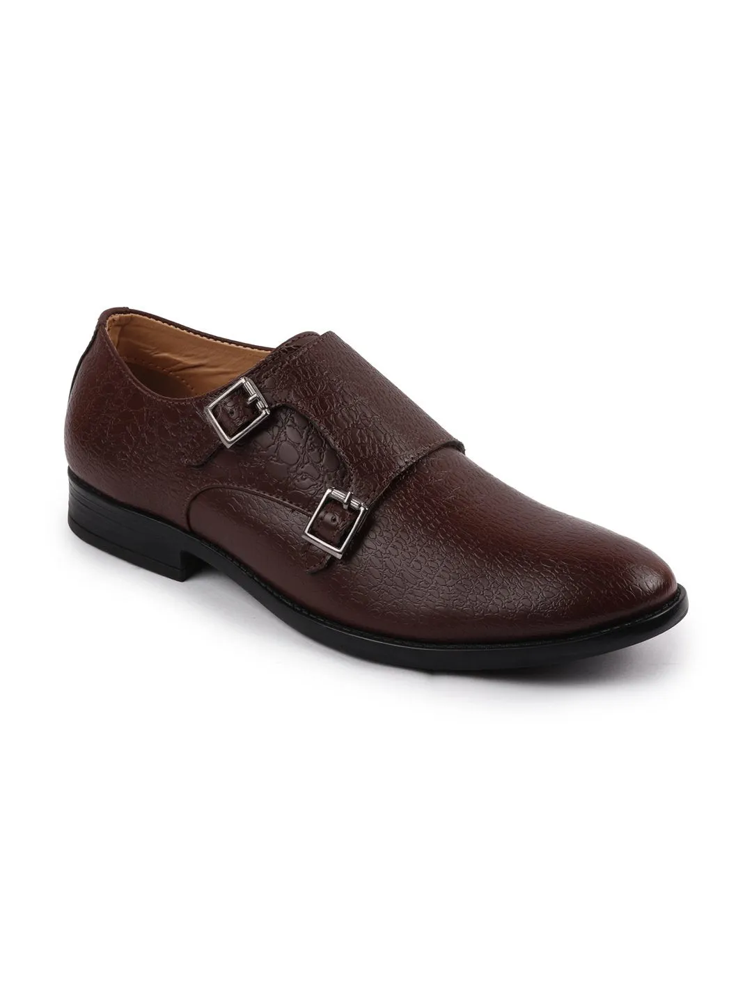 Men Brown Monk Double Strap Party Wear Wedding Shoes with TPR Welted Sole