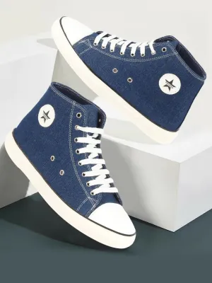 Men Navy Blue Mid Top Star Toe Cap Upper Denim 8-Eye Lace Up Canvas Sneakers Shoes