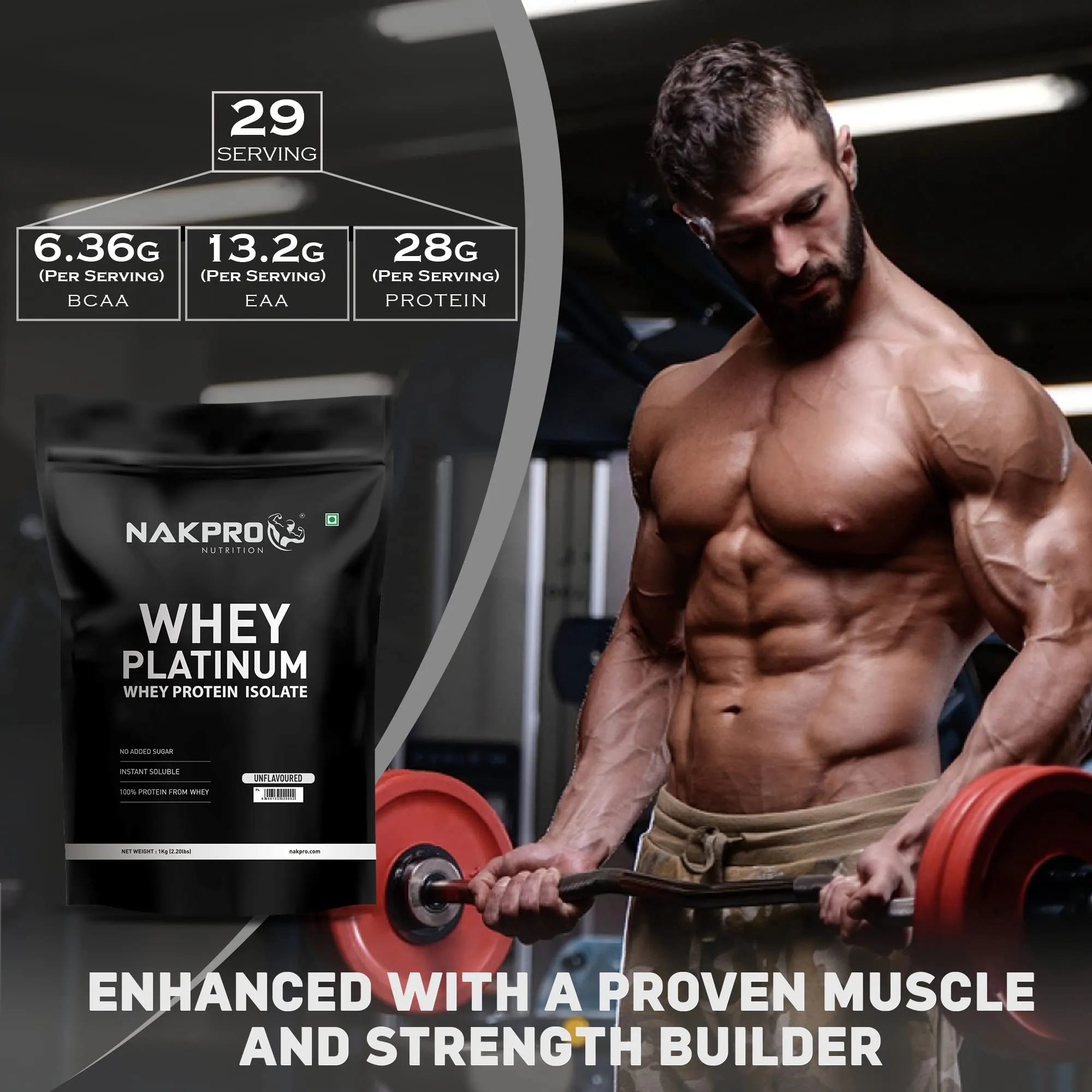 NAKPRO Platinum Whey Protein Isolate | 30.6g Protein, 7.01g BCAA | Easy Mixing, Low Carbs, Easy Digesting Whey Protein Supplement Powder (1 Kg, Unflavoured)