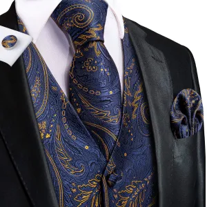 Navy Blue Golden Paisley Silk Men's Vest Hanky Cufflinks Tie Set Waistcoat Suit Set