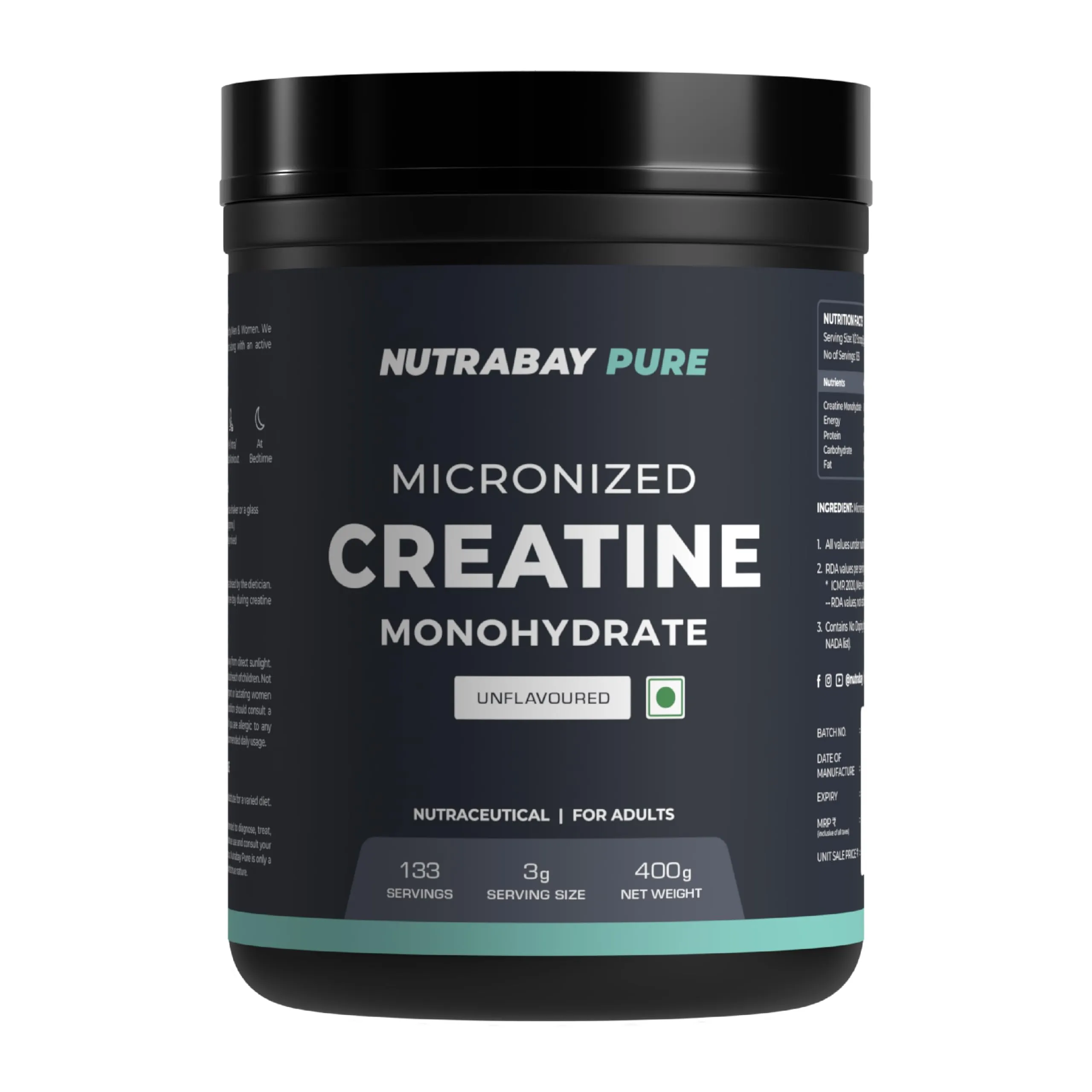 Nutrabay Pure Micronised Creatine Monohydrate - 400g, Unflavoured | Pre/Post Workout Supplement for Muscle Repair & Recovery | Supports Athletic Performance & Power