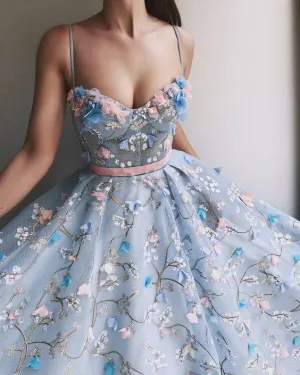 Princess Blue See Through Floral Spaghetti Straps A –line Prom Dress Formal Dress,GDC1245