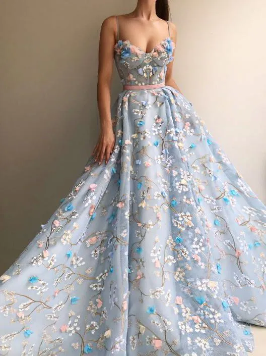 Princess Blue See Through Floral Spaghetti Straps A –line Prom Dress Formal Dress,GDC1245