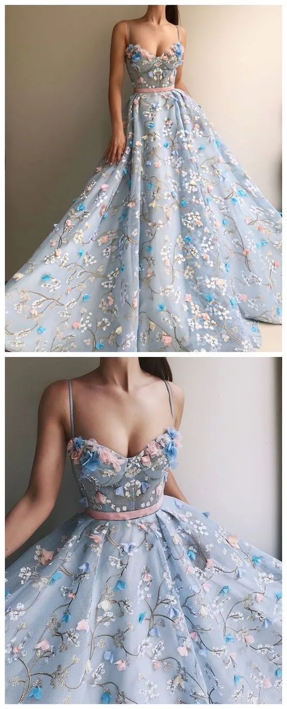 Princess Blue See Through Floral Spaghetti Straps A –line Prom Dress Formal Dress,GDC1245