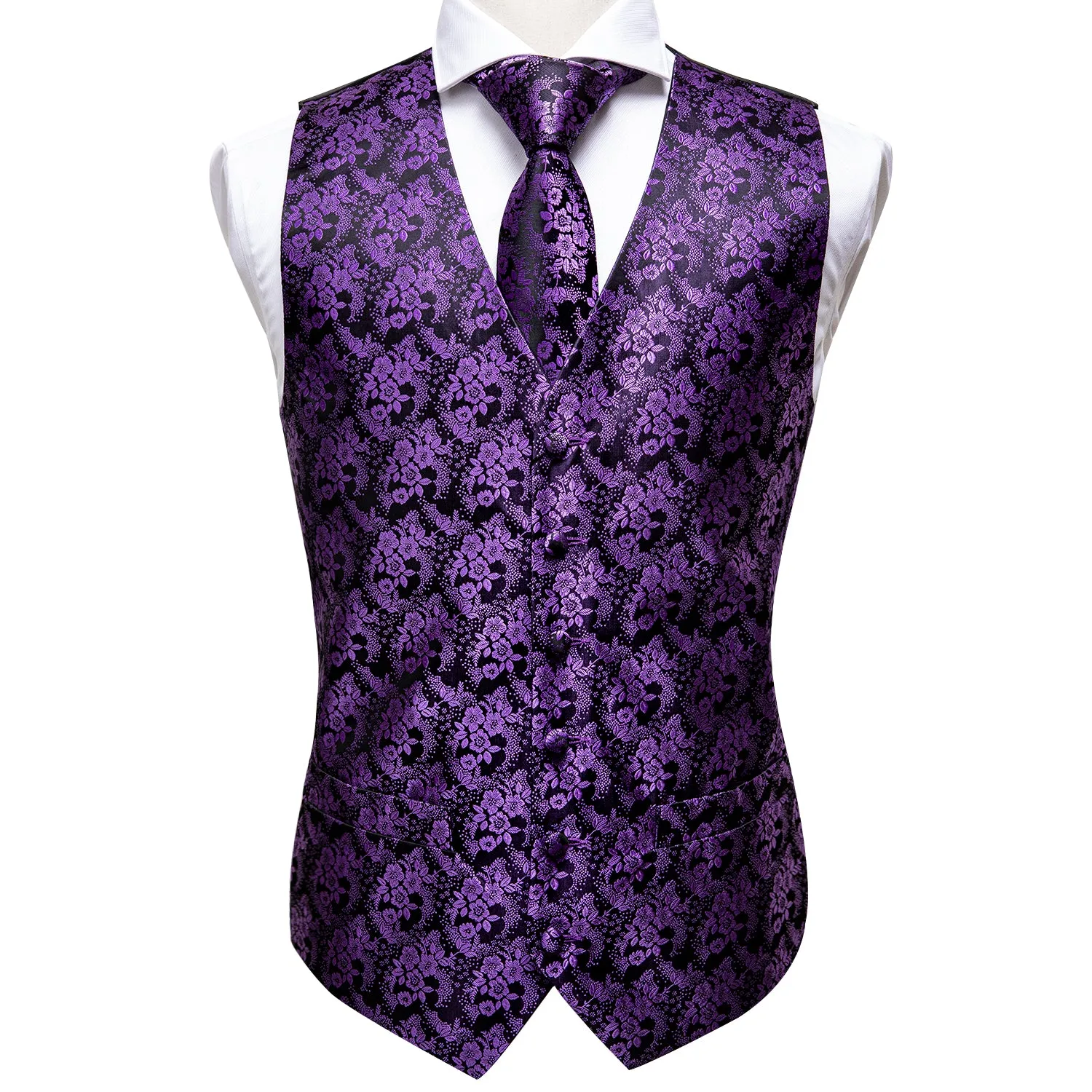 Purple Black Floral Silk Men's Vest Hanky Cufflinks Tie Set Waistcoat Suit Set