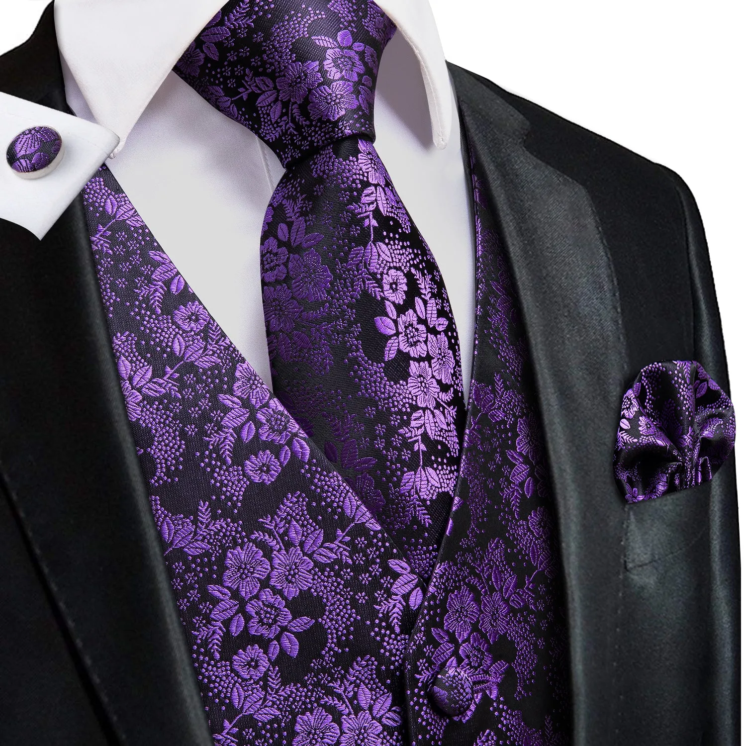 Purple Black Floral Silk Men's Vest Hanky Cufflinks Tie Set Waistcoat Suit Set