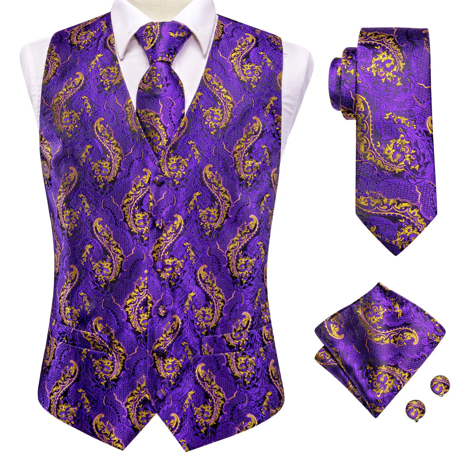 Purple Gold Paisley Silk Men's Vest Hanky Cufflinks Tie Set Waistcoat Suit Set