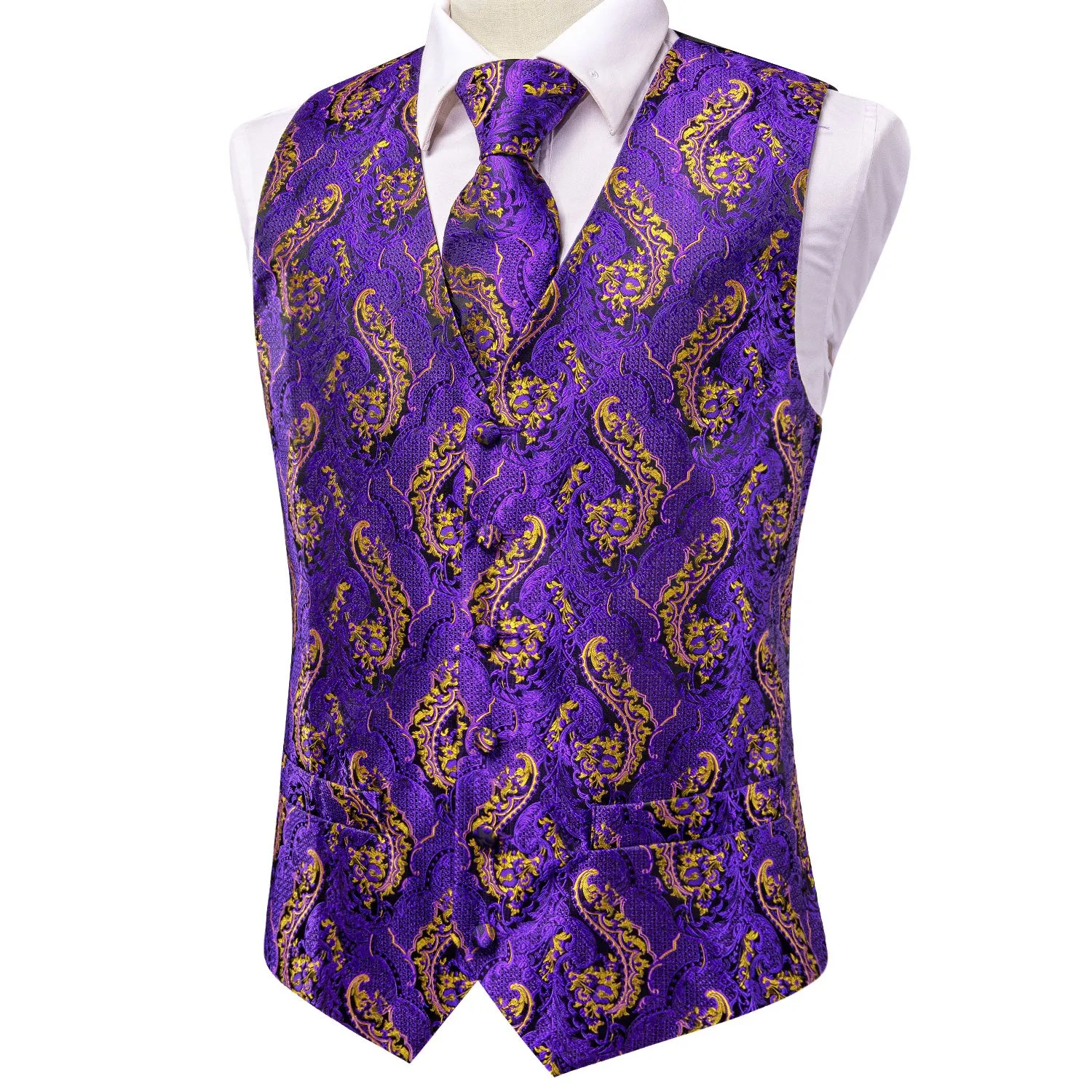 Purple Gold Paisley Silk Men's Vest Hanky Cufflinks Tie Set Waistcoat Suit Set