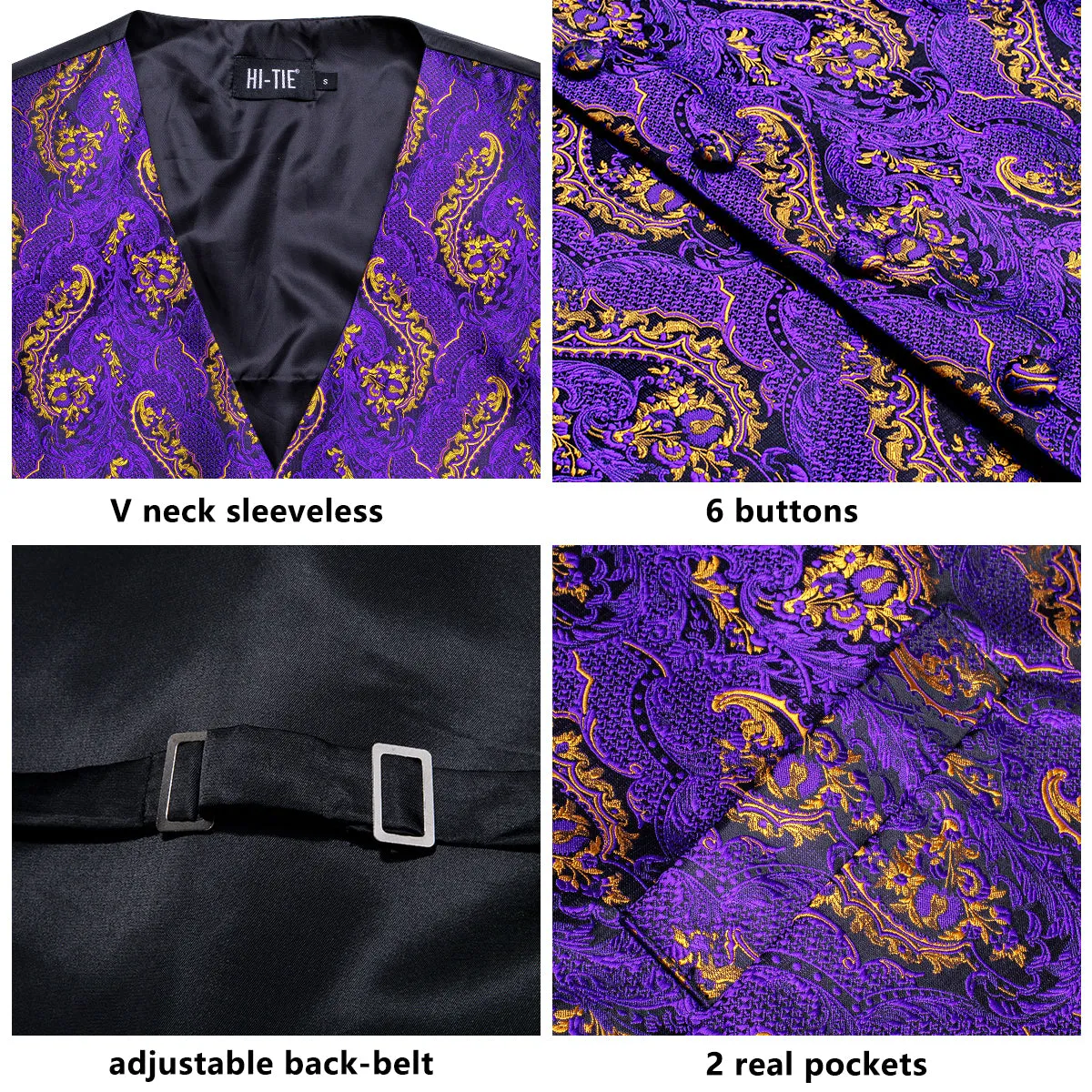 Purple Gold Paisley Silk Men's Vest Hanky Cufflinks Tie Set Waistcoat Suit Set