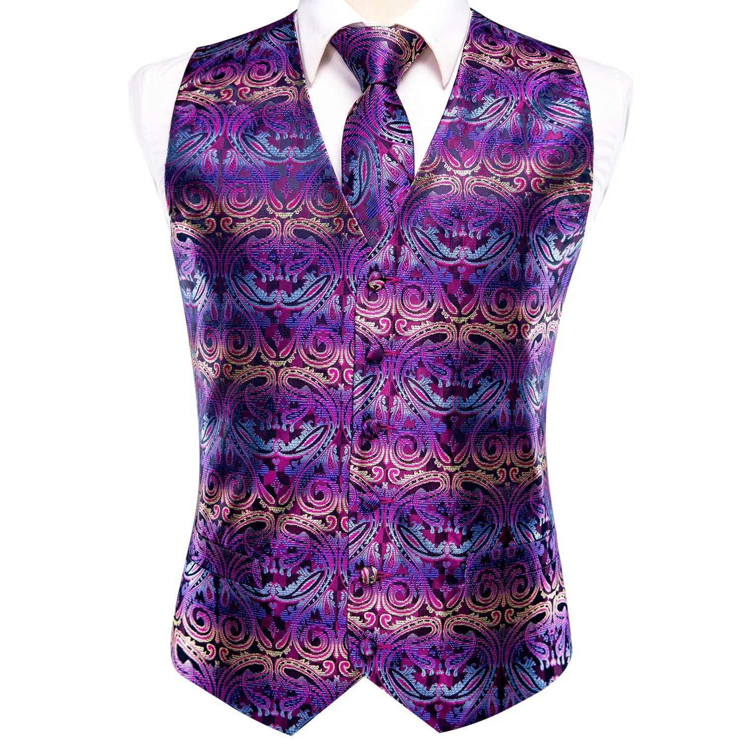 Purple Paisley Novelty Silk Men's Vest Hanky Cufflinks Tie Set Waistcoat Suit Set