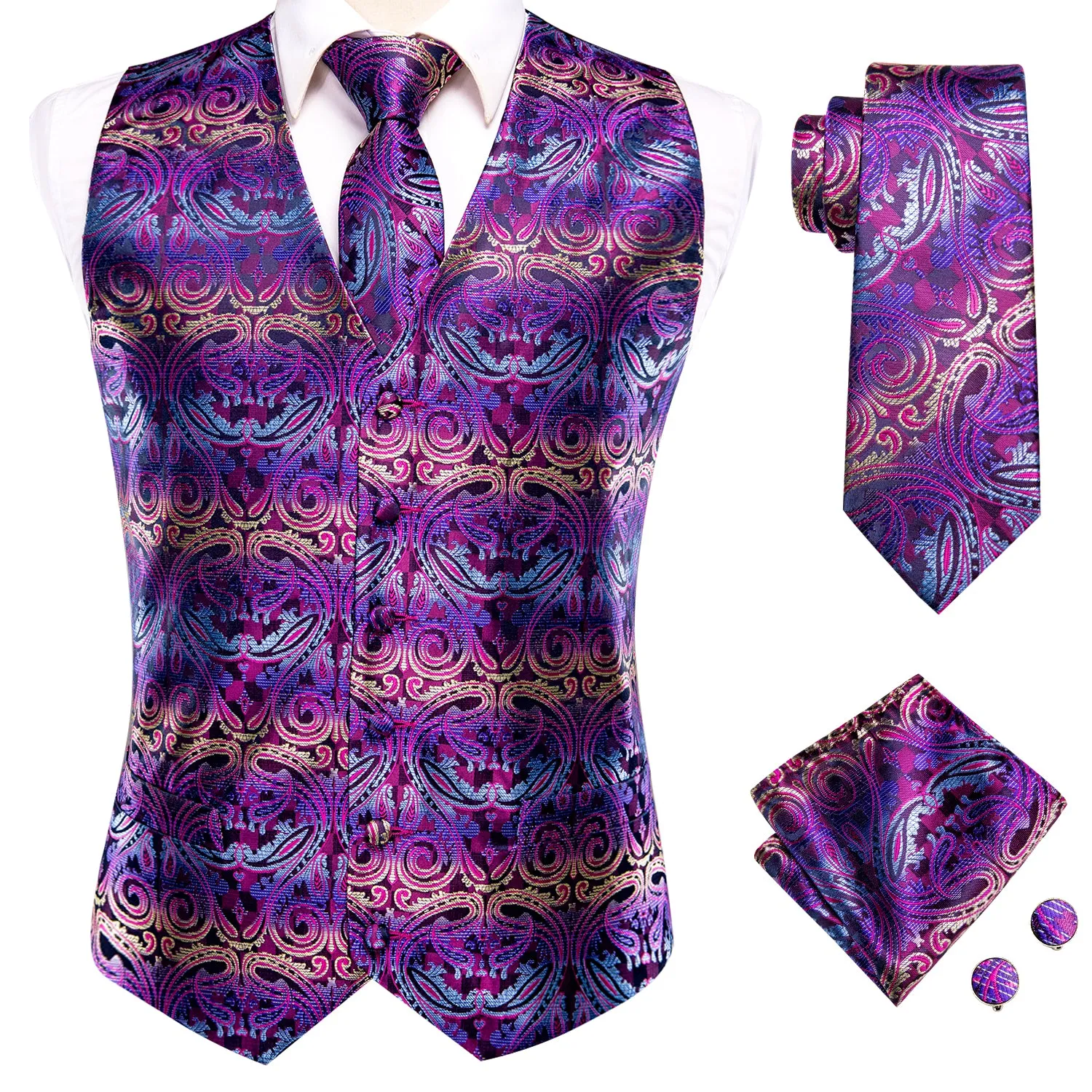 Purple Paisley Novelty Silk Men's Vest Hanky Cufflinks Tie Set Waistcoat Suit Set