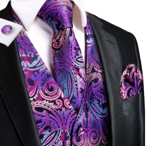 Purple Paisley Novelty Silk Men's Vest Hanky Cufflinks Tie Set Waistcoat Suit Set