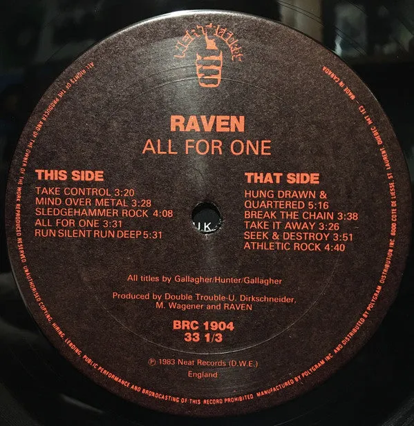 Raven (6) - All For One (LP, Album) (NM or M-)