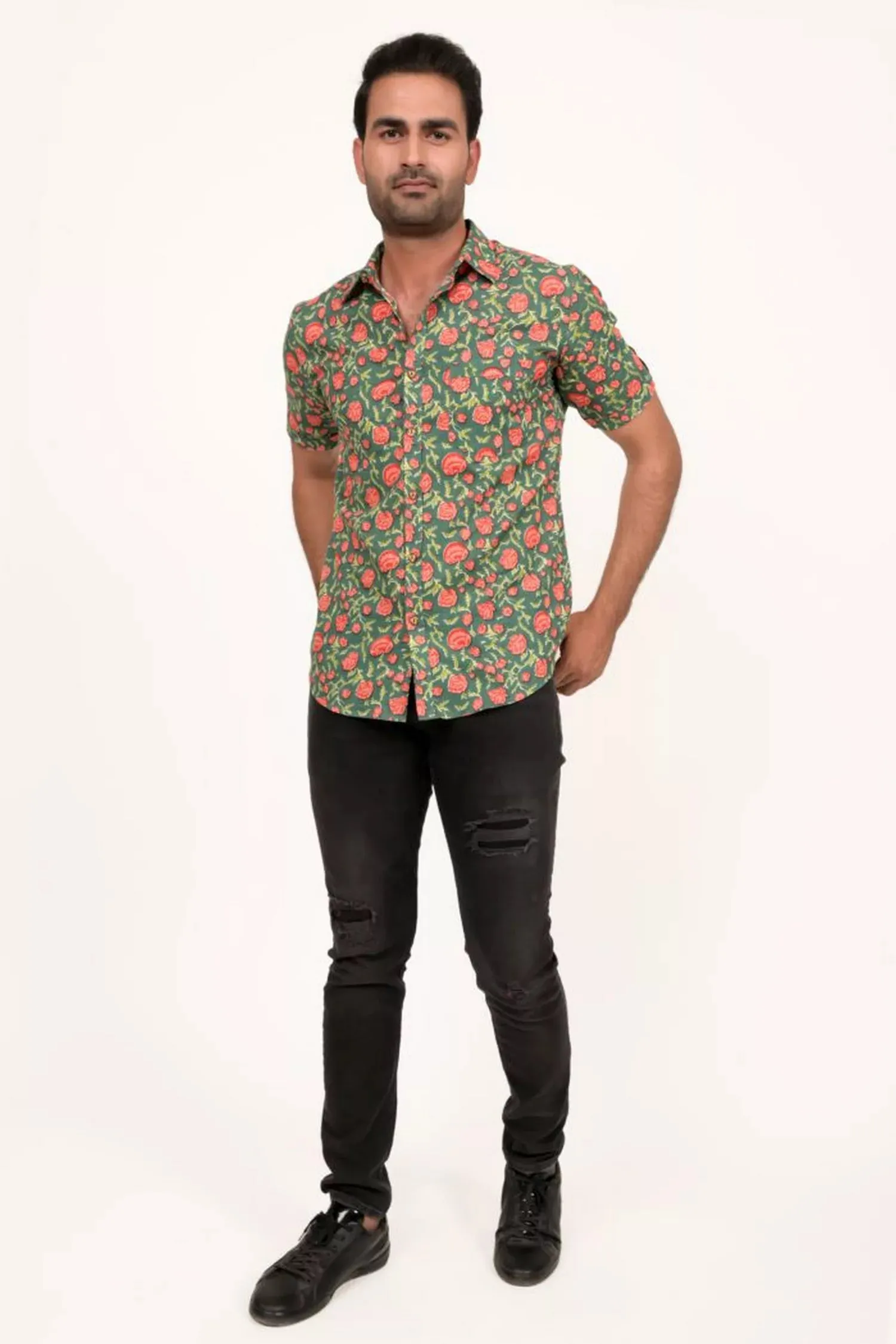 Sage Green And Peach Printed Half Sleeve Shirt