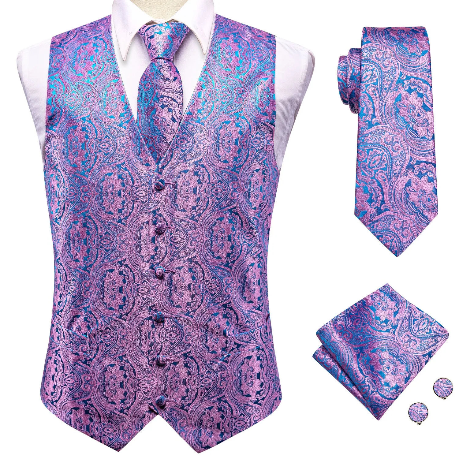 Shiny Pink Blue Paisley Silk Men's Vest Hanky Cufflinks Tie Set Waistcoat Suit Set